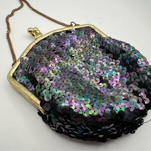 Vtg Victorian Style Sequin Mini Purse Kiss Clasp Peacock Green Black Flapper